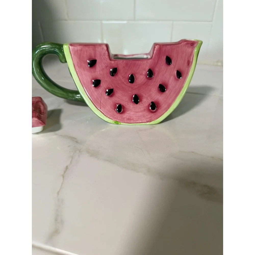 Vintage Watermelon Slice Ceramic Teapot Pink Green Fruit Shaped Tea Pot Lid